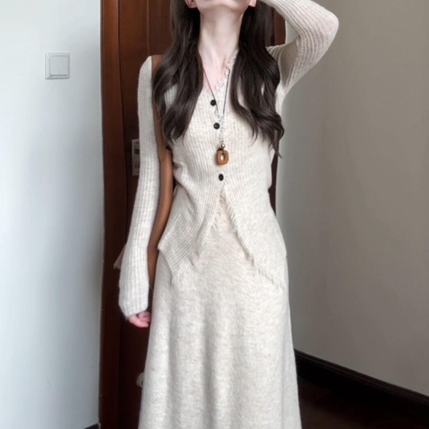 小香风长袖针织连衣裙子女秋季2025新款高级感韩系穿搭一整套长裙