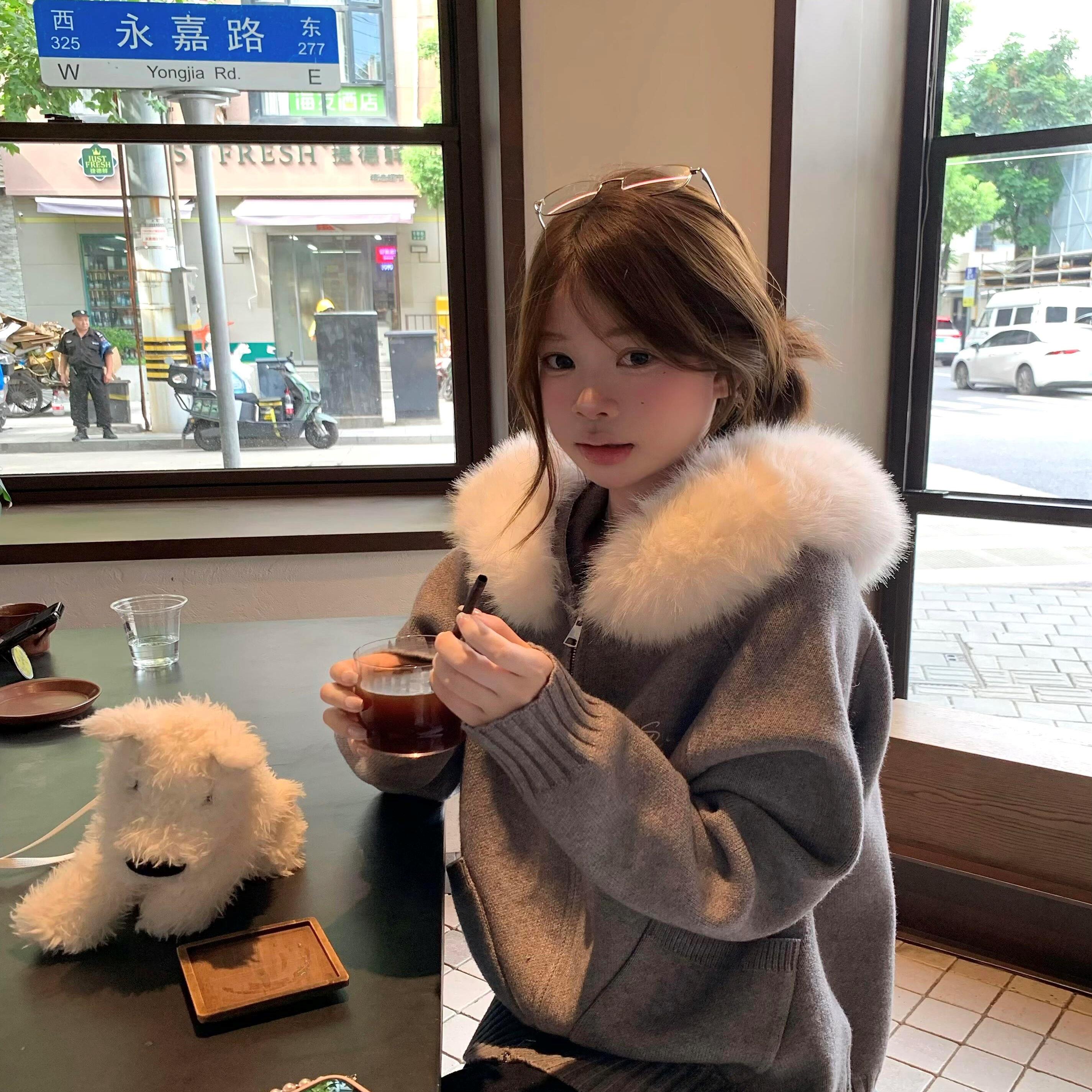 可拆卸毛领开衫毛衣外套女秋冬连帽针织衫韩系复古慵懒风穿搭上衣