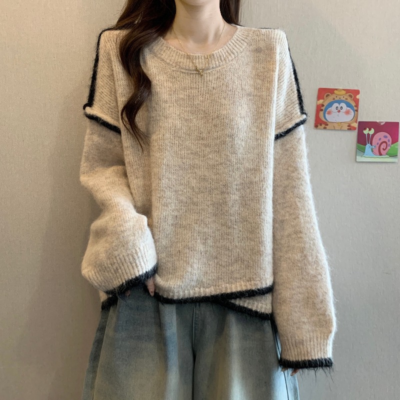 宽松慵懒灰色毛衣女装秋冬2025新款大码胖mm高级不规则针织衫上衣