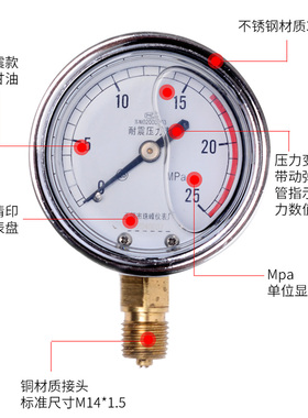 不锈钢耐震压力表YN60/25/40mpa液压油压表水压表防震气压表2.5