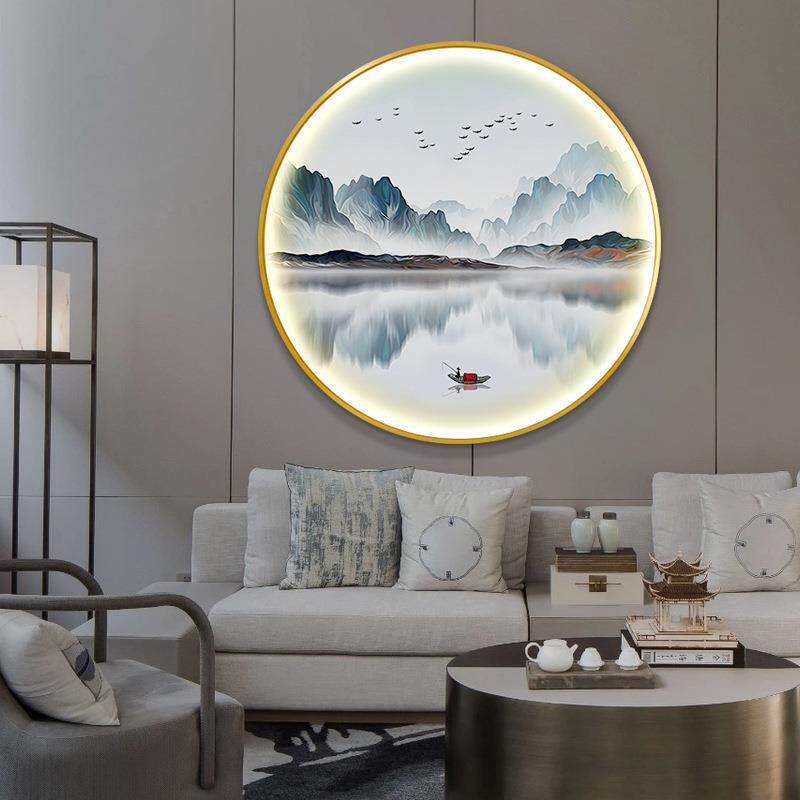 新中式圆形禅意山水装饰画入户玄关客厅茶室发光晶瓷壁画led灯画