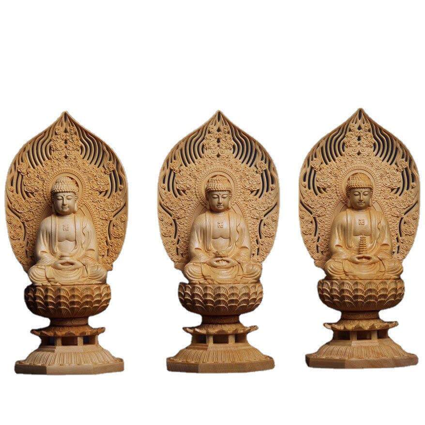 黄杨桧木雕坐莲阿弥陀佛像摆件释迦牟尼佛人物三宝药师佛工艺品