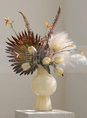 简约现代纹路琉璃花瓶桌面仿真花艺组合民宿客厅玄关室内装饰摆件