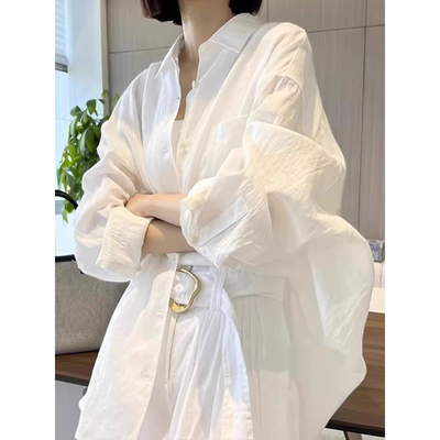 宽松白色棉麻长袖防晒衬衫女春秋外搭开衫高级感亚麻衬衣韩版上衣