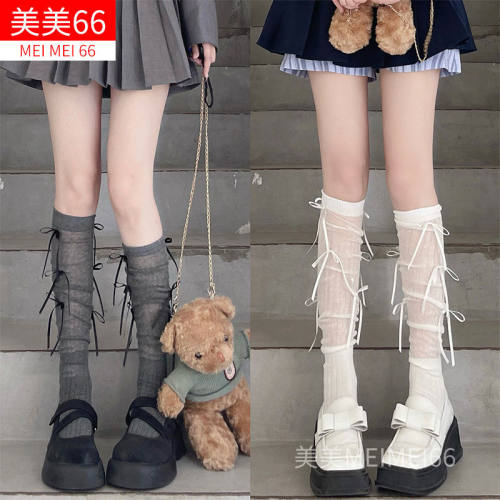 芭蕾蝴蝶结袜子绑带长筒袜甜美少女堆堆袜小众ins小腿jk袜及