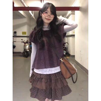 日系vintage古早森系葡萄紫花边打底衫+短袖上衣+蛋糕半裙三件套