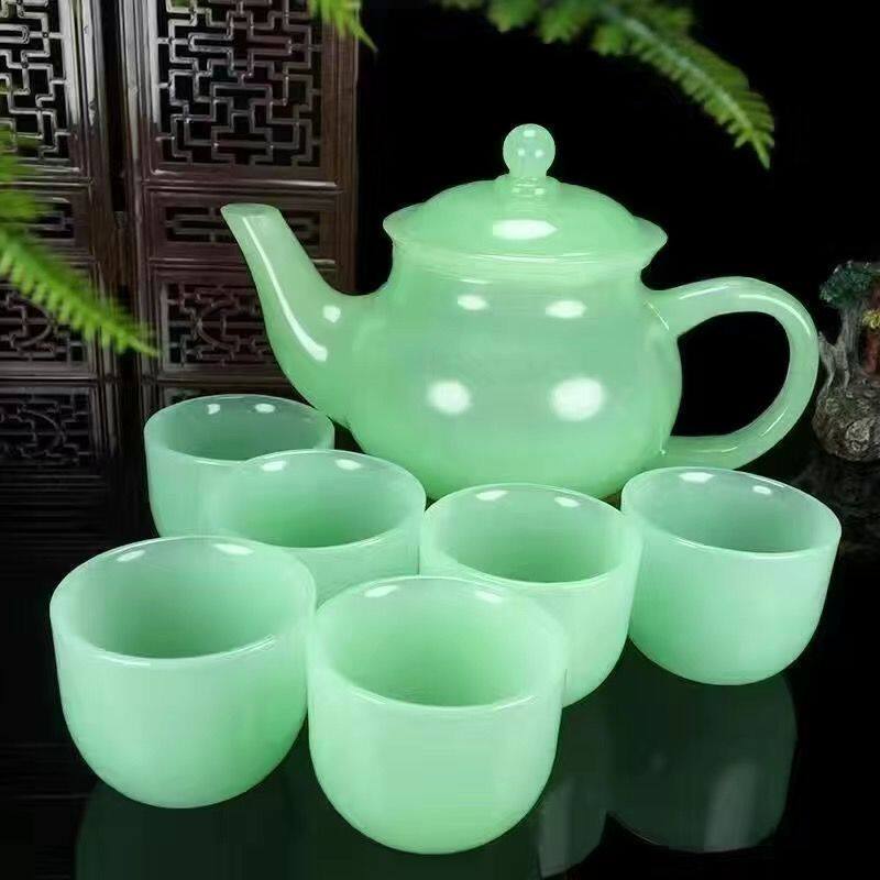 碧玉色玉石茶壶单个一壶六杯套装