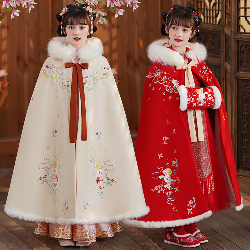女童披风斗篷汉服宝宝加绒加厚外出儿童中国风拜年服超仙古装冬季