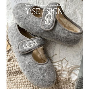 高级感绝美灰色玛丽珍鞋女冬外穿加绒棉鞋2025新款法式羊羔毛毛鞋