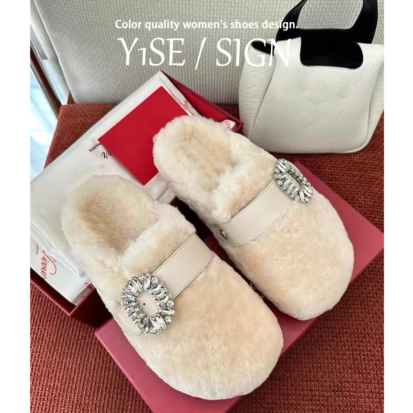 白色水钻厚底毛毛勃肯鞋女冬