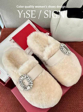 白色水钻厚底毛毛勃肯鞋女冬外穿2025新款加绒包头半拖鞋毛绒单鞋