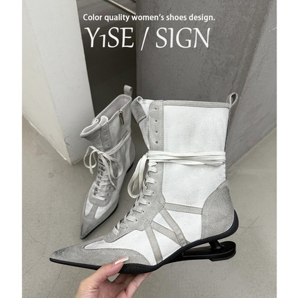 复古擦色系带尖头异型跟短筒靴女2025秋冬新款灰色运动高跟骑士靴