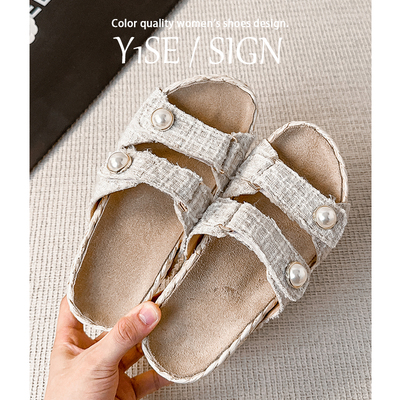 草编织坡跟一字扣带露趾勃肯鞋女