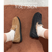 女冬外穿加绒懒人一脚蹬英伦乐福鞋 牛皮版 复古厚底深口毛毛单鞋