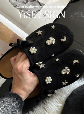 小众设计星星月亮水钻厚底勃肯鞋女外穿黑色复古一脚蹬包头半拖鞋