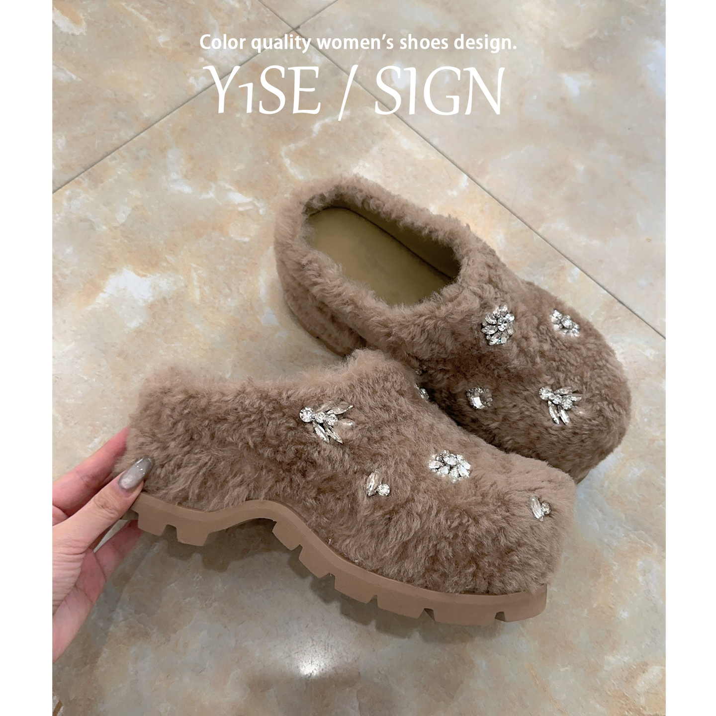 复古水钻羊羔毛毛拖鞋女冬外穿