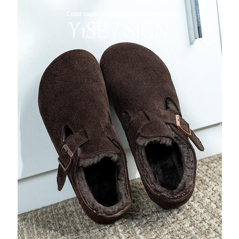 摩卡色真皮全包加绒勃肯鞋女秋冬