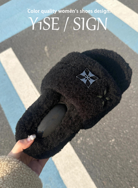 赵露思同款~复古加绒毛毛拖鞋女外穿2025秋季新款黑色厚底一字拖