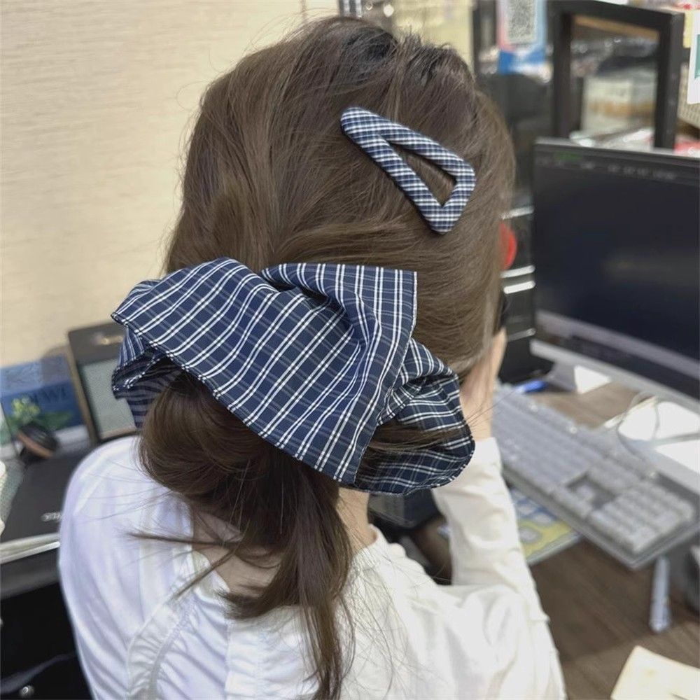韩版藏蓝色复古格纹发夹侧边夹甜美小众格子布艺发圈方形大肠圈女
