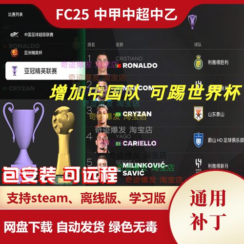 FC25 中甲中超中乙联赛补丁 增加中日韩巴西世界杯欧洲杯不含游戏