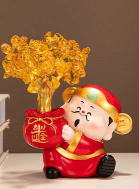 发财树财神爷摆件开业礼物店铺收银台家居客厅装饰品乔迁新居礼品