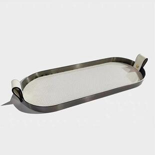 现代简约编织皮托金属马毛椭圆盘收摆纳创意件革桌面茶JWW几样板