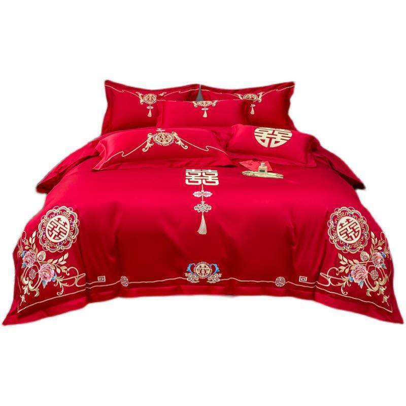 高档奢华中式刺绣棉婚庆四件套大红色床单被套结婚床上用品婚嫁