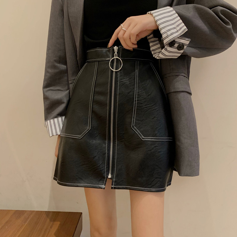 大码胖妹妹半身裙女秋韩版高腰a字黑色短裙拉链防走光百搭小皮裙