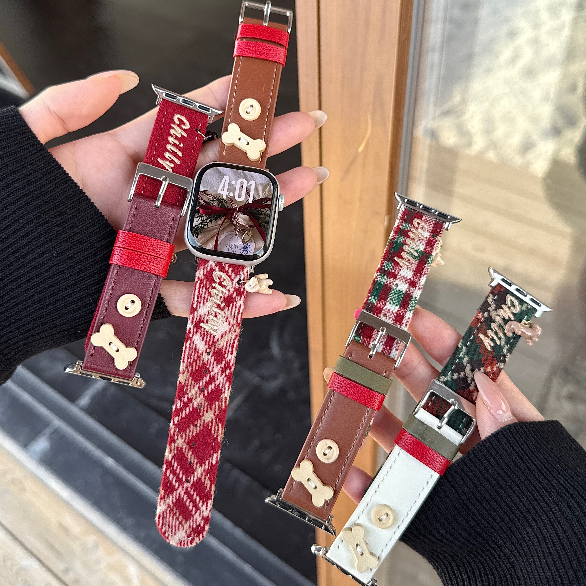 圣诞节纽扣毛呢真皮质表带女生