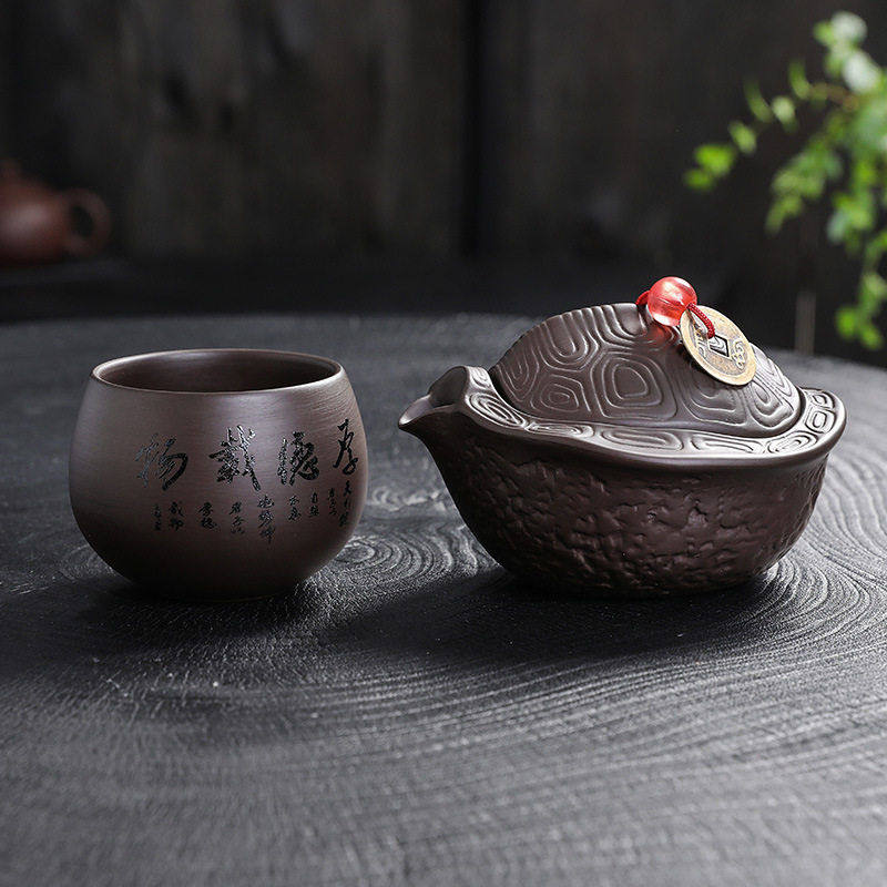 紫砂茶壶富甲一方手抓壶原矿紫砂盖碗泡茶壶壶龟壳创意摆件茶具