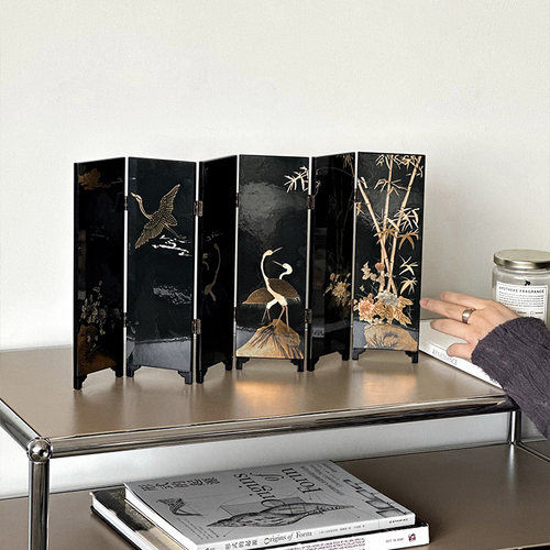 【竹石仙鹤】原创现代中古风中式桌面漆器屏风小众软装摆件