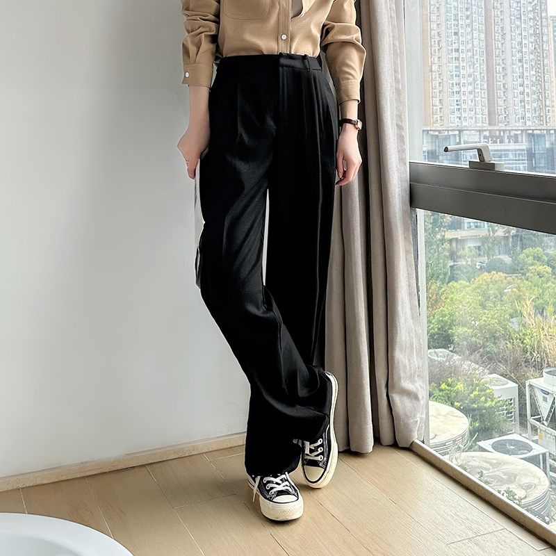 速发黑色裤子身冬裤加厚直筒高腰梨形秋材阔腿款职业正装裤