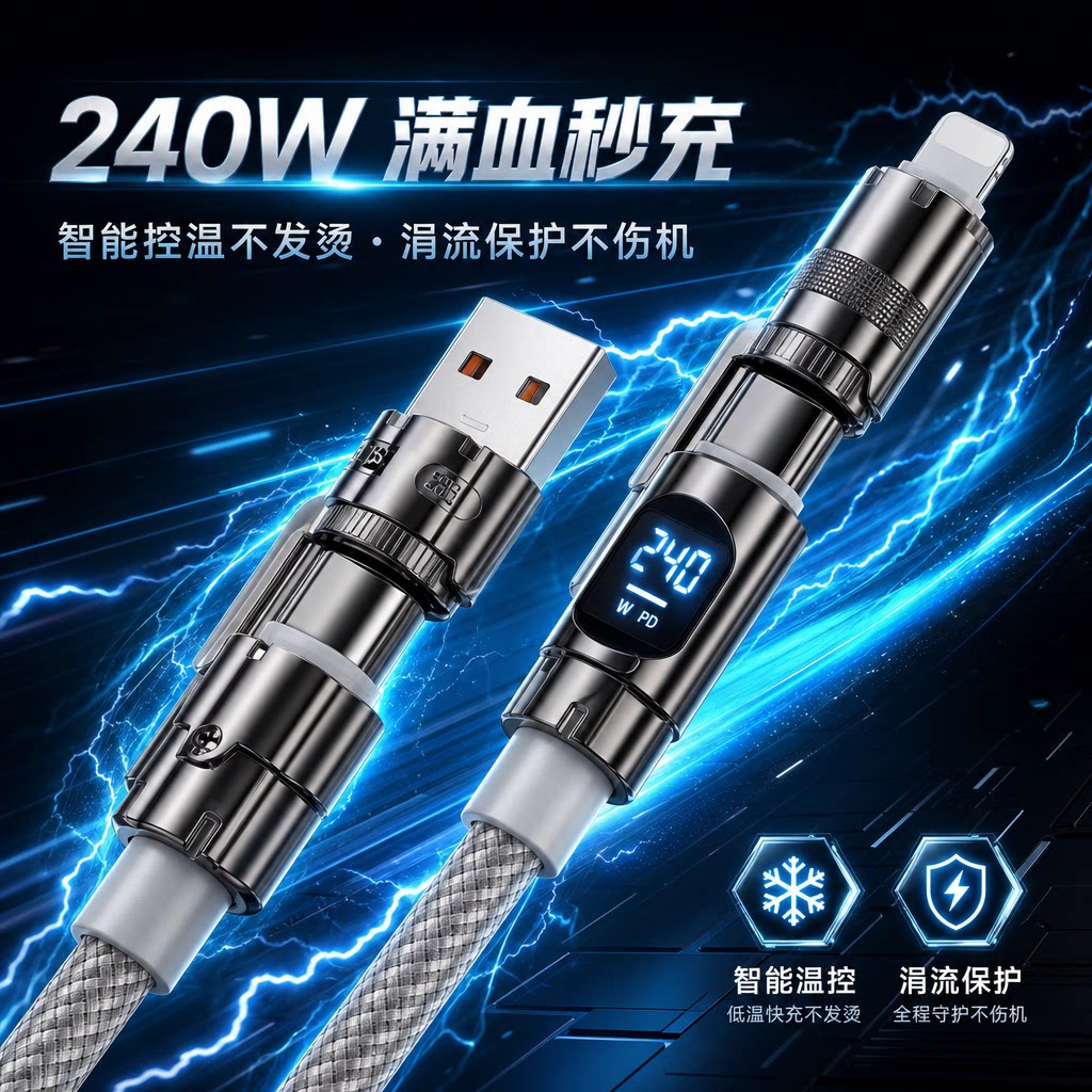 京凡硕 多功能数显240W超级快充二拖二数据双Type-C四4合一充电线适用苹果华为vivo安卓iPad平板车载笔记本