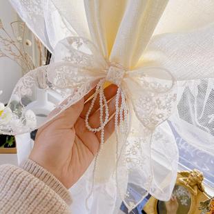 米色蝴蝶结窗帘绑带法式蕾丝扎束带珍珠装饰纱帘唯美丝带小饰品