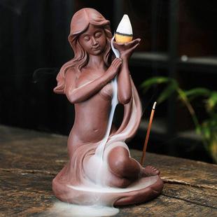 紫砂仕女倒流香炉创意个性茶道家用家居室内线香插香熏炉沉香摆件