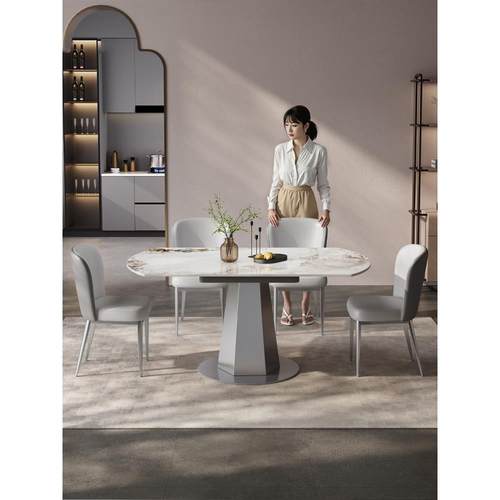 意大利极简主义轻豪华可伸缩矩形圆形两用家庭石板餐桌现代简单餐