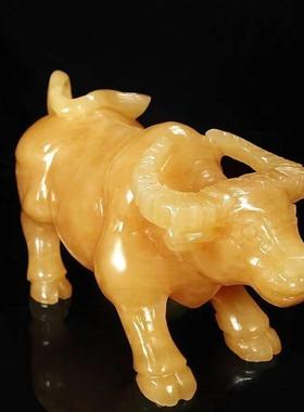 天然米黄玉十二生肖牛摆件工艺品家居客厅玄关办公室桌面玉雕装饰