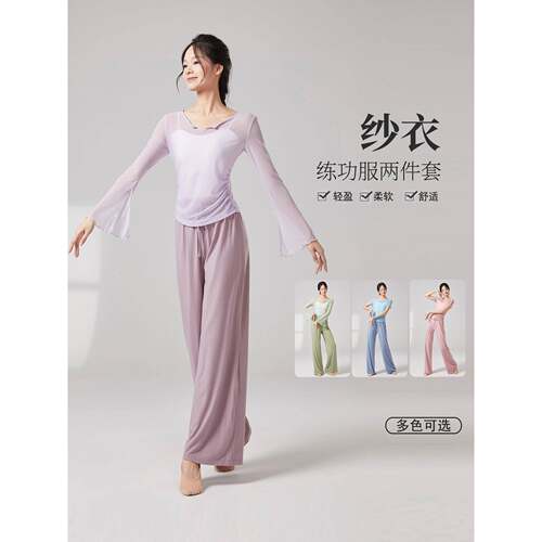 舞蹈服女两件套装纱衣中国古典舞练功服现代舞蹈表演服瑜伽形体服