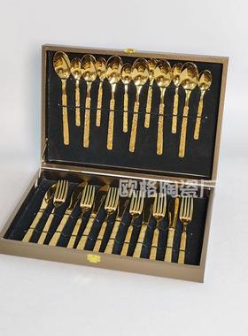 重工奢款创意岩石纹6牛排刀4叉套装3轻0不锈VWC钢西餐主餐勺2件