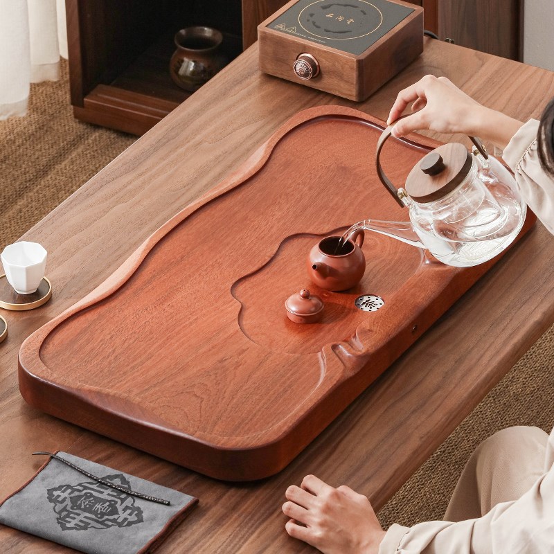 花梨木实木家用排水简约红色客厅泡茶中式整块原木轻奢长方形茶台
