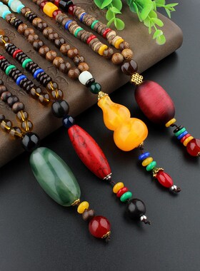 民族风项链男女长款毛衣链鸡翅木复古波西米亚衣服配饰品木质挂件