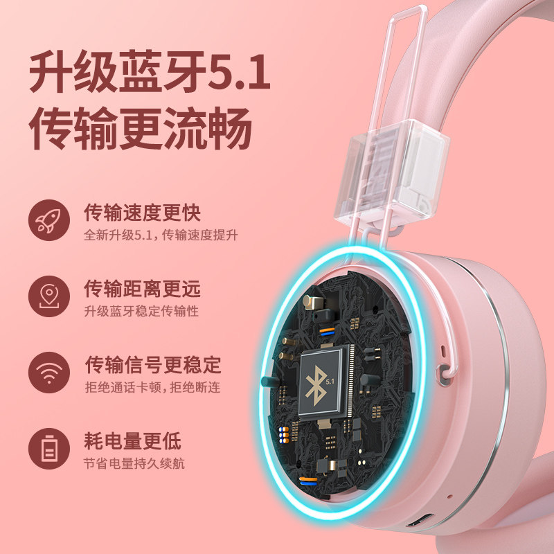 奇联BH21蓝牙耳机无线头戴式女生小巧有线粉色降噪手机连电脑耳麦