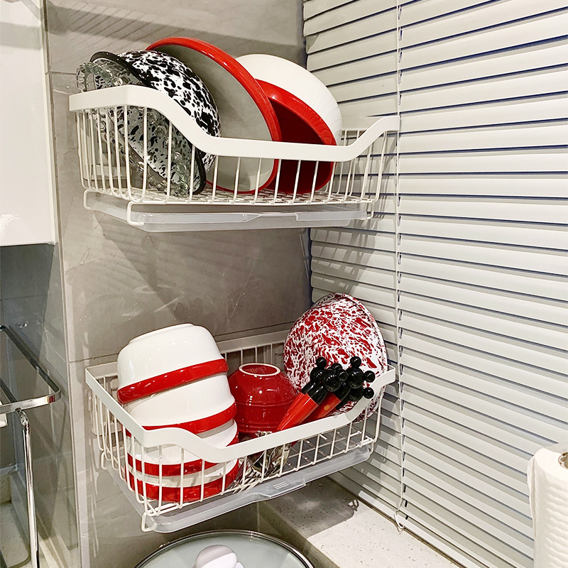 厨房壁挂免打孔不锈钢置物架碗盘放碗碟沥水架蔬菜水果调料储物篮