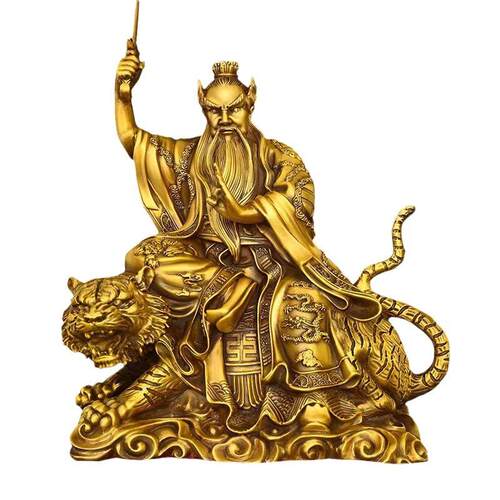 黄铜骑虎张天师坐像龙虎山持剑张道陵神像家居桌面供奉摆件工艺品
