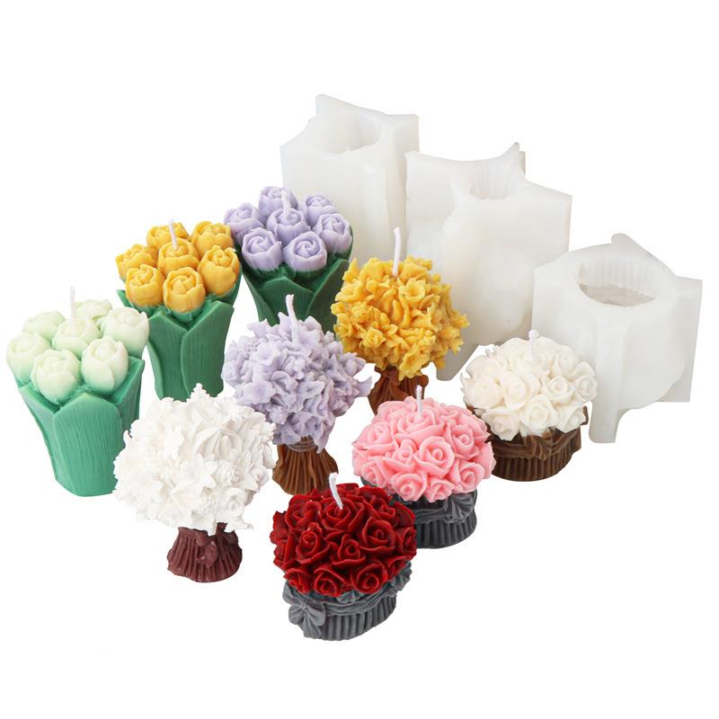 立体香硅胶玫瑰花束蜡烛模具百硅胶玫瑰合花石膏装饰束蛋糕模厂家