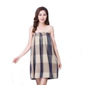 日系格子浴裙棉纱布美容院桑拿房家用浴巾穿衣式 抹胸浴袍透气浴裙