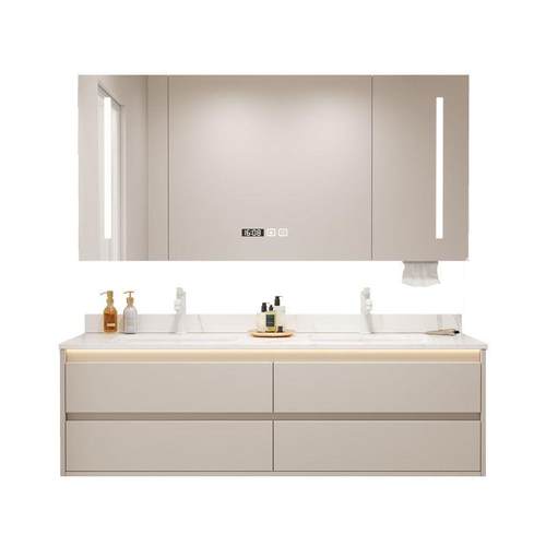 智能现代简约双台盆奶油风卫生间洗手脸盆柜组合浴室柜陶瓷一体盆