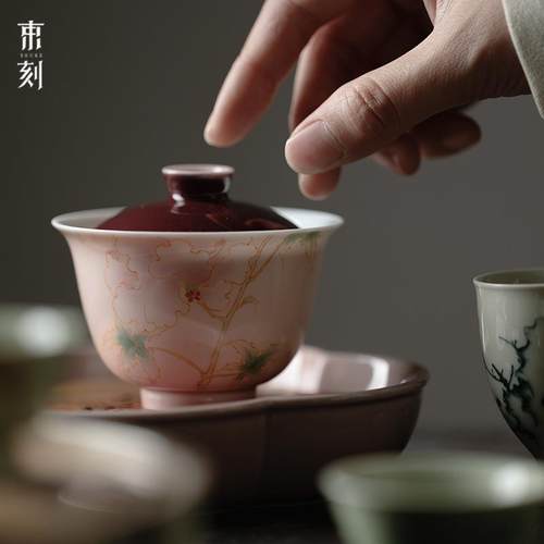 苍烟红手绘月季花盖碗茶杯陶瓷釉下彩功夫茶具手工二才盖碗