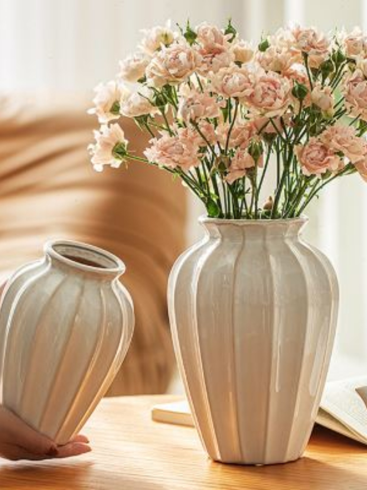 简约白色陶瓷花瓶客厅餐桌插花摆件干花复古粗陶创意台面装饰器皿
