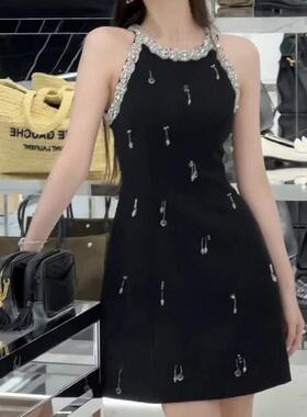 FFmiss◆法式水滴亮片钻挂颈收腰洋装女夏名媛钉珠露肩流苏短裙